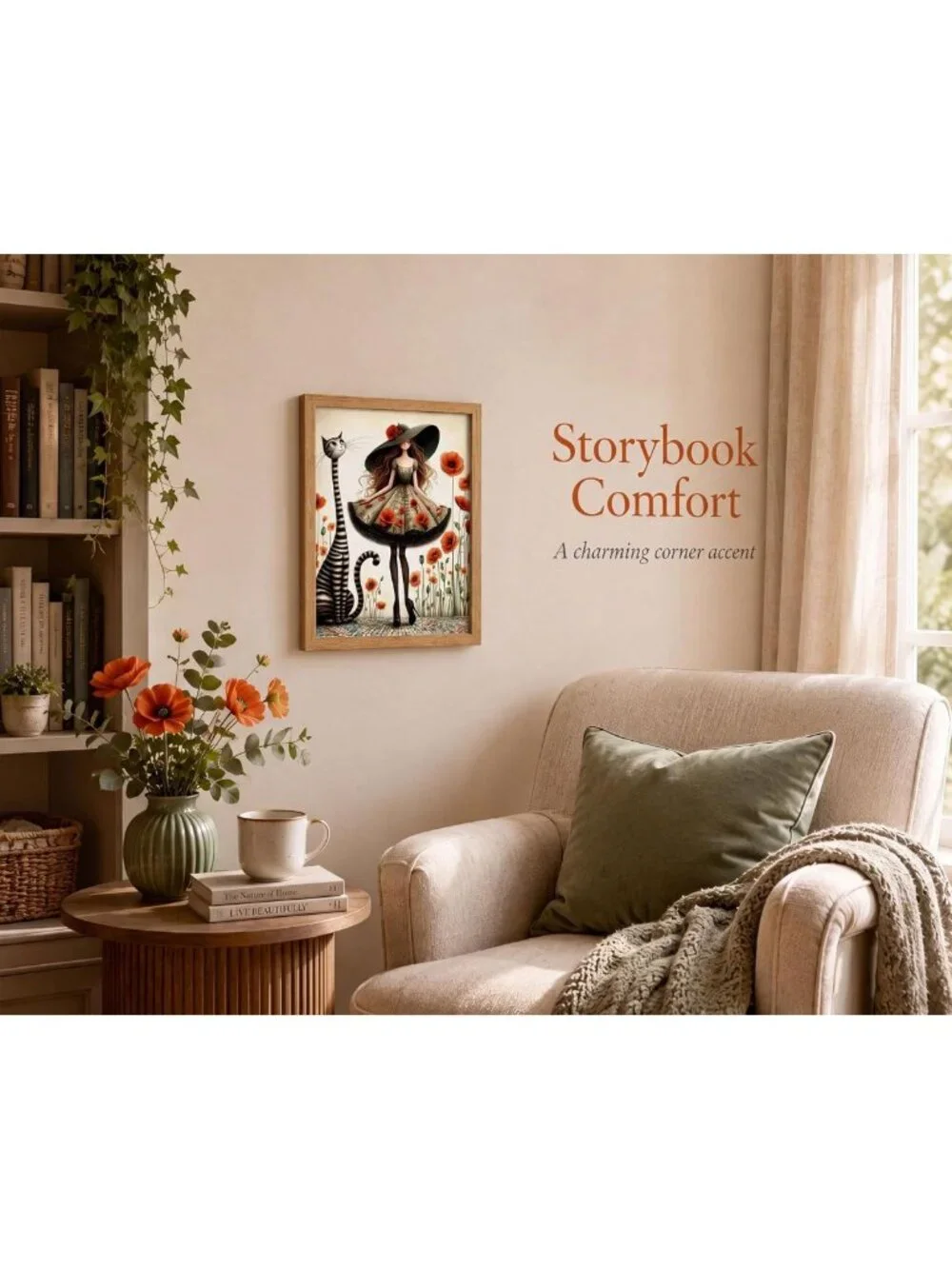 Whimsical Girl & Cat Canvas Wall Art - Brown Solid Wood Frame, 12x16in Decor